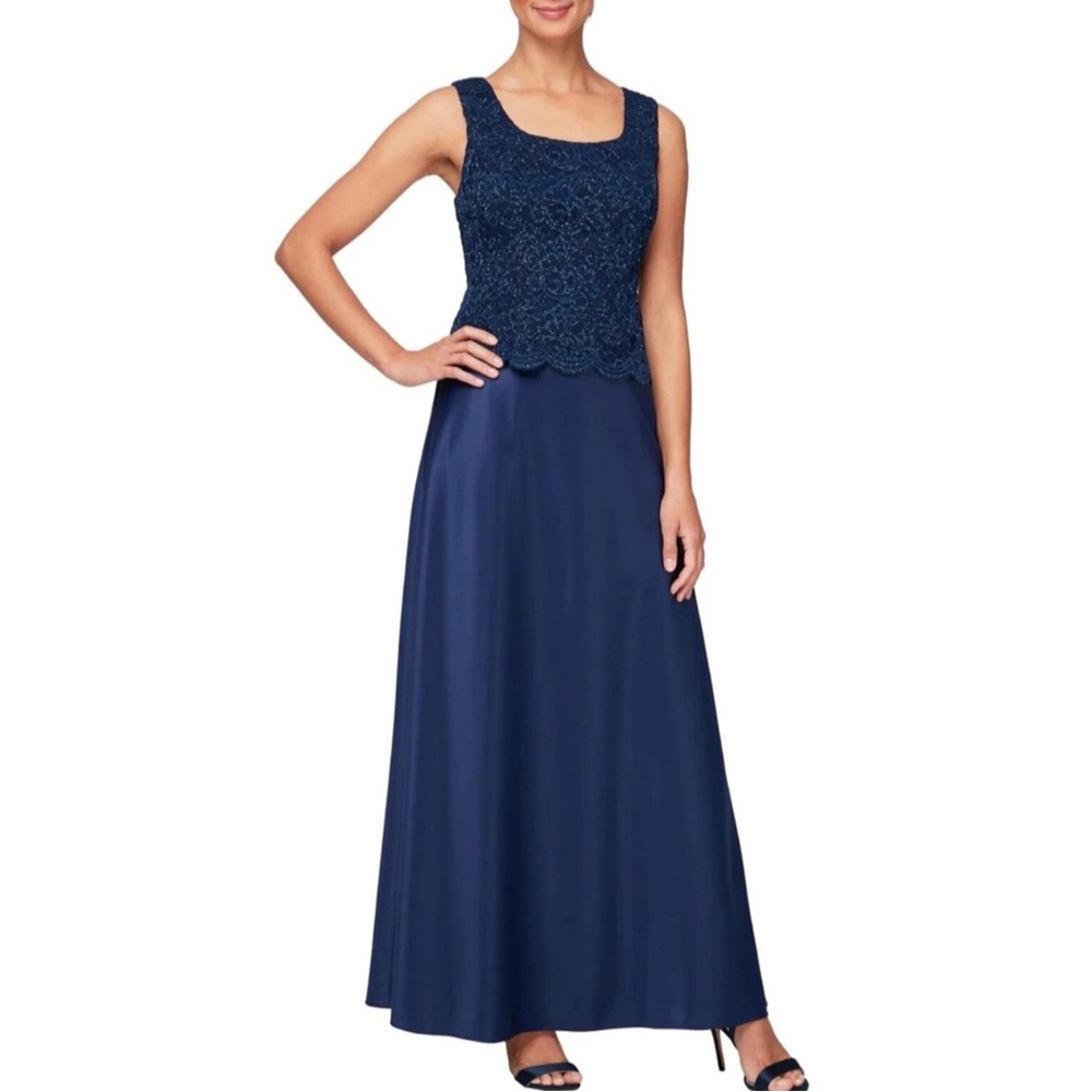 ALEX EVENINGS Gown Blue Lace And Satin A Line Sleeveless Dress Size 6